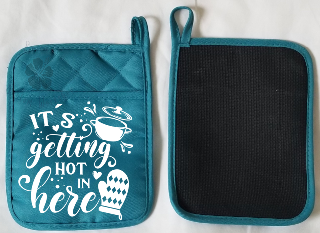 blue green pot holder with pocket